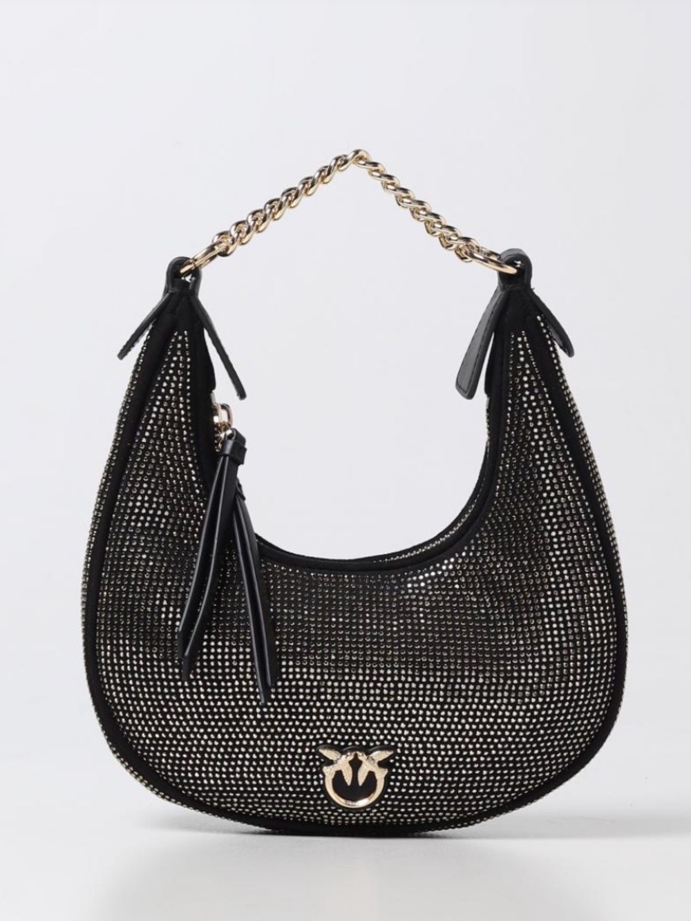 PINKO NEW Brioche bag in black with gold tone rhinestones and gold love birds.